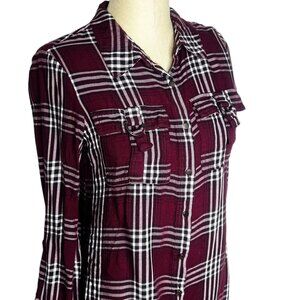 Cato Top Womens Size S Dark Red Black White Plaid Flannel Roll Tab Sleeves